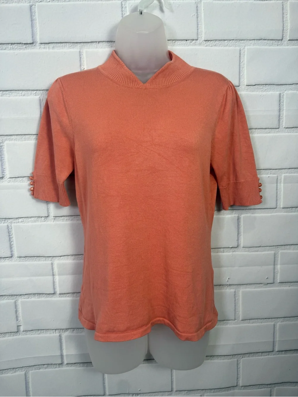 August Silk Knit Mock Neck Short Sleeve Sweater Top Peach Pearl Sleeve Detail/M